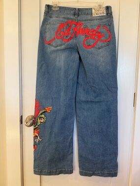 Ed Hardy Women's Blue Denim Jeans with Dragon